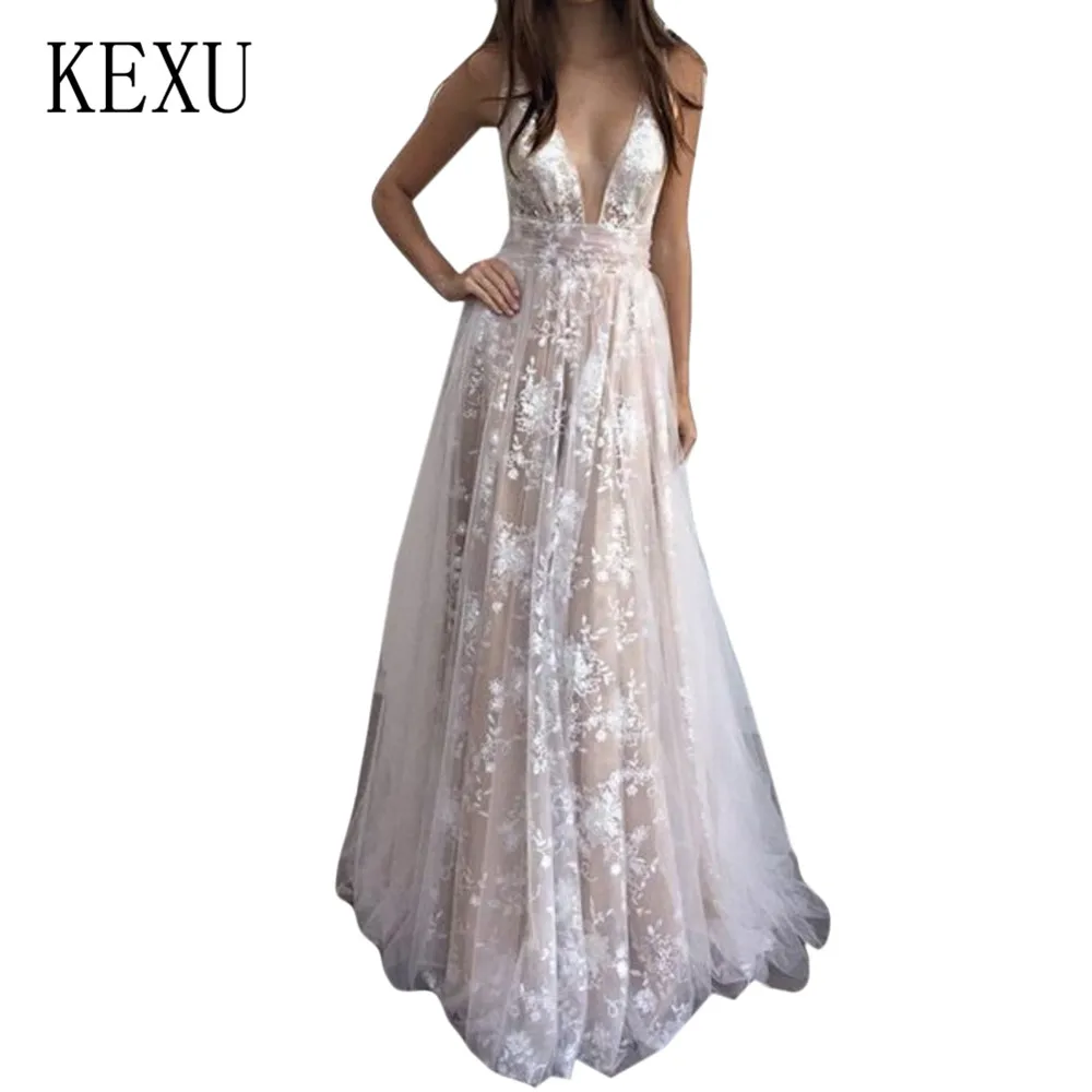

KEXU Woman Sexy Deep V-nevk Spaghetti Strap Dresses New Fashion Lace See Through Maxi Dress Summer Wedding Party Wear Robe Femme