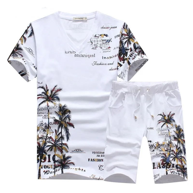 

Summer New Fashion V-neck Fancy Short Sleeve Set Men's Coconut Island Letter Print Shorts Set Men's Large Size Casual Sports Set