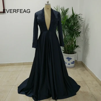 

Customized Evening Dresses 2020 Navy Blue Long Sleeves V Neck Appliques Moroccan Kaftan Pleated Satin Party Prom Gown