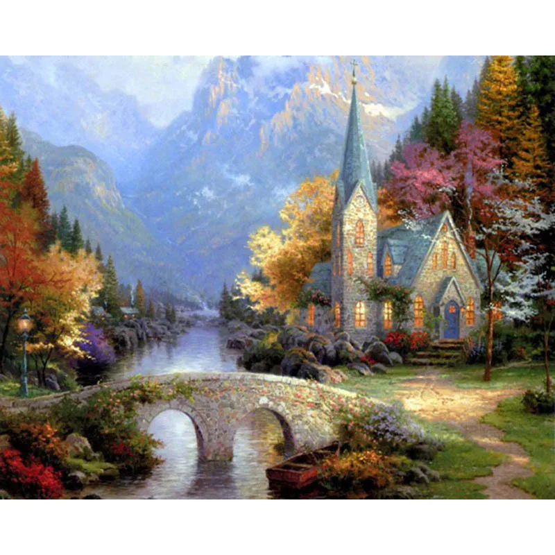 

Morden Picture Church Landscape Bridge Picture Oil Painting By Numbers DIY Oil Painting On Canvas Home Decor For Living Room