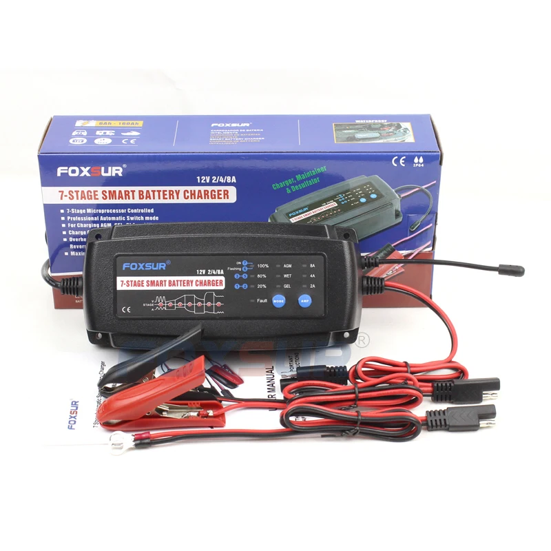 FOXSUR 12V 2A 4A 8A 7-stage Смарт Батарея Зарядное устройство, гель мокрый AGM Батарея типа& Charge ток выбирается, автомобиль, Батарея Зарядное устройство