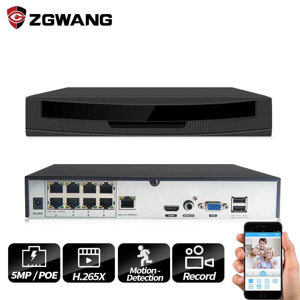 ZGWang H.265 5MP 8CH POE NVR IP видео рекордер 1080P P2P 4CH 8CH домашний аудио выход для видеонаблюдения комплект камеры наблюдения