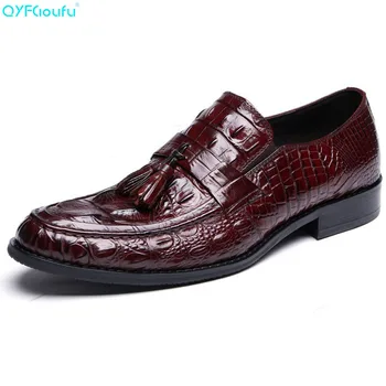 

QYFCIOUFU 2019 Man Flat Tassel Men Dress Shoes Genuine Leather Round Toe Crocodile Pattern Formal Oxford Luxury Dress Shoes