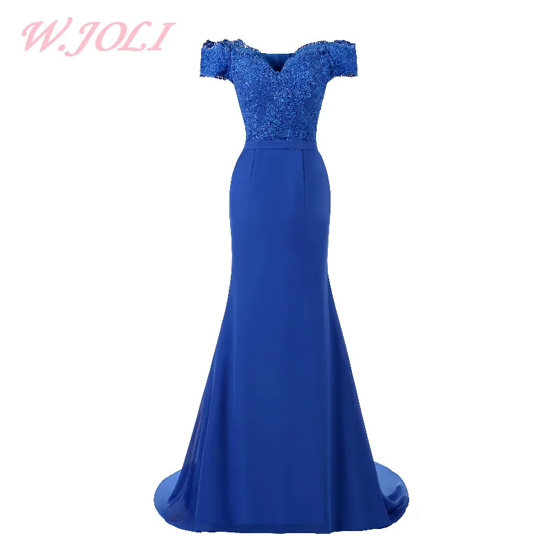 

W.JOLI Long Evening Dress Candy Blue Embroidery Elegant Prom Dresses Count Train Vestido De Festa Vintage Night Dress