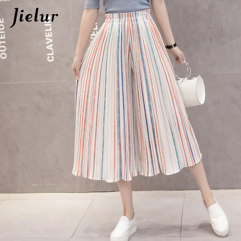 Jielur Fashion Beach Stripe Pleated Chiffon Pants Summer Chic S-XL Ankle-Length Wide Leg Pants Women Loose Lady Pantalon Femme Pants