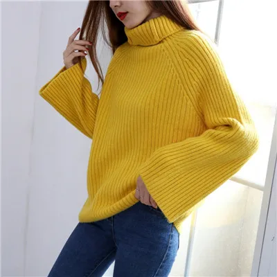 XIKOI осенние женские свитера с высоким воротом, свободный размер, Длинные свободные пуловеры и свитера с расклешенными рукавами, модные вязаные свитера, джемперы - Цвет: Yellow