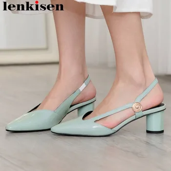 

Lenkisen beauty girls slingback genuine leather slip on high heels hollow women sandals big size square toe streetwear shoes L32