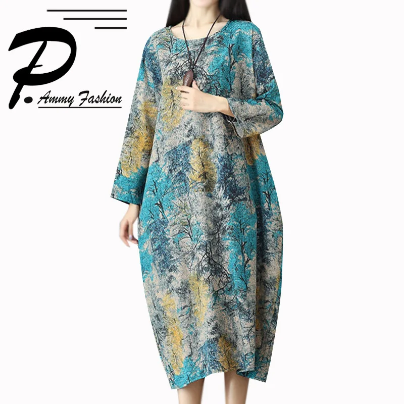 

Women Print Dress Casual Loose O-Neck Batwing Sleeve Maxi Long Dress Vestidos Plus Size Winter fashion Cotton & Linen Tunics
