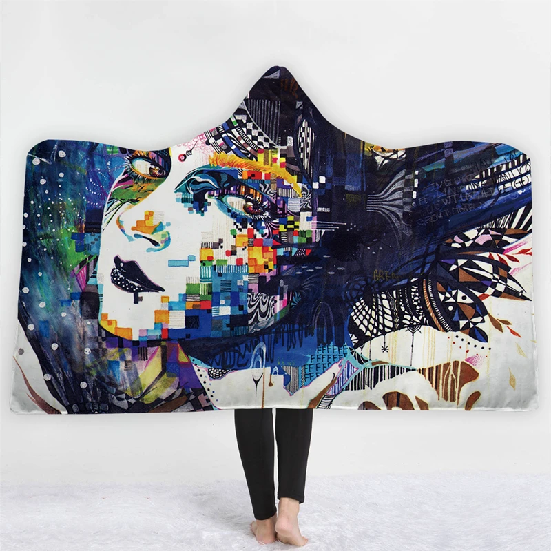 

3D Sugar Skull Printed Microfiber Hooded Blanket for Adults Kids Sherpa Warm Fleece Wearable Throw Blankets on The Sofa Bed