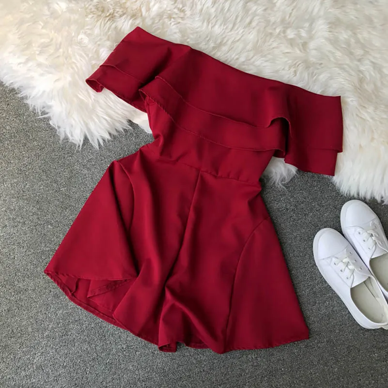 

Candy Color Elegant Jumpsuit Women Summer 2019 Latest Style Double Ruffles Slash Neck Rompers Womens Jumpsuit Short Playsuit