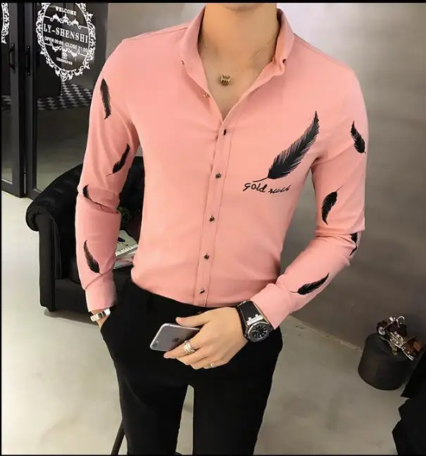 CH. KWOK Camisa Social Slim Fit повседневные черные рубашки наряды Клубные розовые рубашки мужские облегающие белые рубашки перо корейский модный