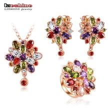 Lzeshine de joyas para boda plateado aaa zirconia flor neckalce pendiente/pendientes/anillos joyería de las mujeres set cst0038-b