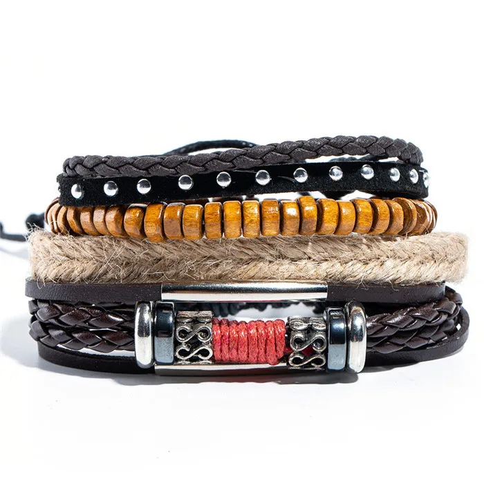 Wholesale 4pcs/lot Handmade ethnic tribal genuine rope wrap charming male pulsera black brown braided leather bracelets bangles - Окраска металла: B020466B