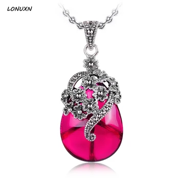 

925 Sterling silver Natural semi-precious stones women jewelry Red corundum old silversmith Vintage red water drops pendant