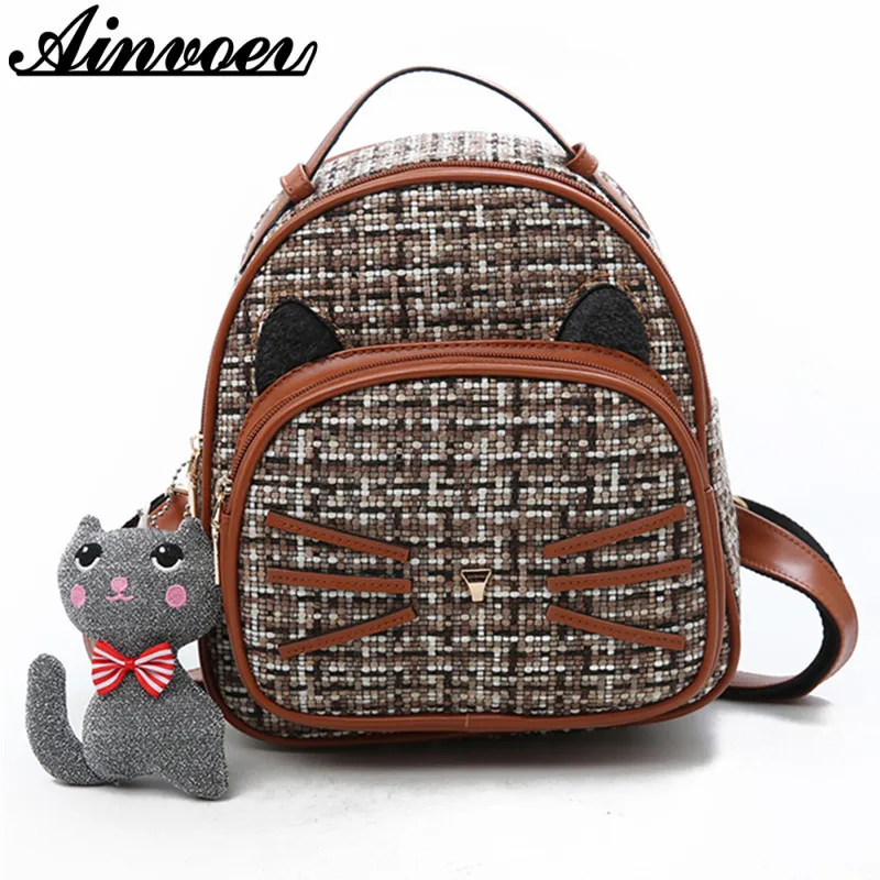 

Ainvoev Fashion Women Backpack Girls Stylish School Bag Ladies Woolen Double Shoulder Backpack Female Lattice Bag Small Cat Bag