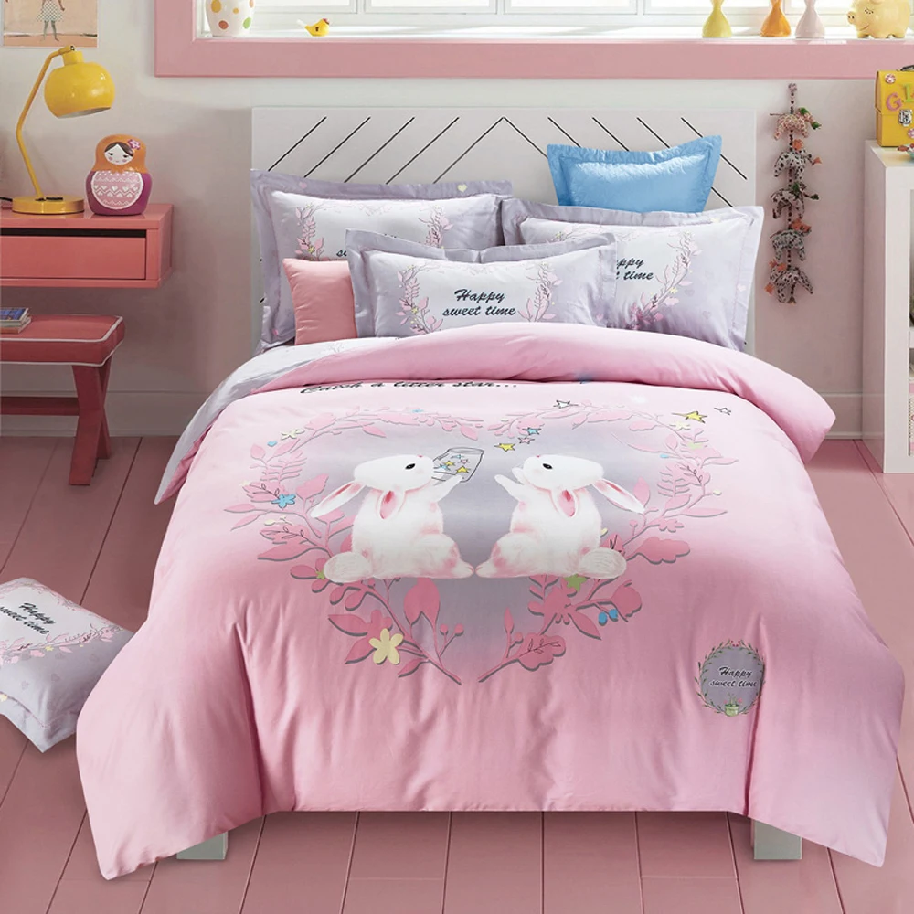 

Papa&Mima Two white rabbits print bedlinens Sanding cotton bedding set Queen King size flat sheet pillowcases duvet cover sets