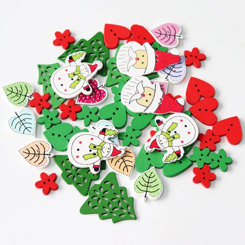 50pc natural print wooden Christmas Buttons Snowflake Tree heart Leaves