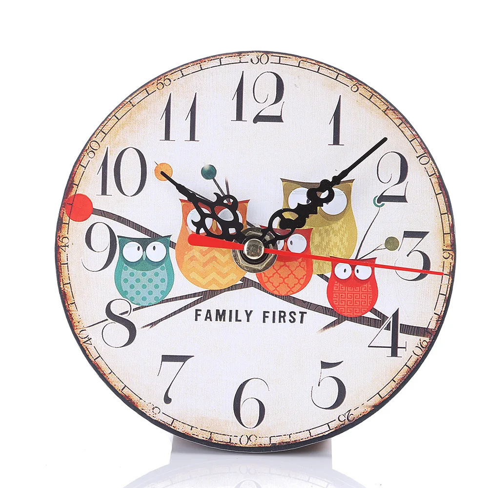 TUDA Free Shipping New Owl Shape Table Clock Cartoon Clock for Living Room Bedroom Round Imitation Wooden Alarm Clock
