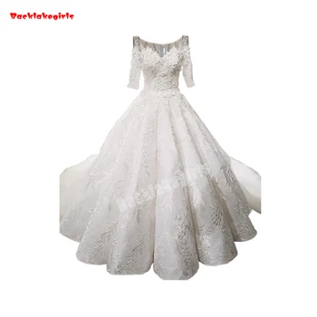 

0088 New Muslim Bridal Wedding Dress Short Sleeve Long Train Fluffy Latest Party Gowns Designs
