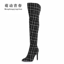 Модные женские сапоги; Новинка; брендовые Сапоги выше колена на высоком каблуке с острым носком без застежки; пикантные женские теплые сапоги в клетку; сезон осень-зима