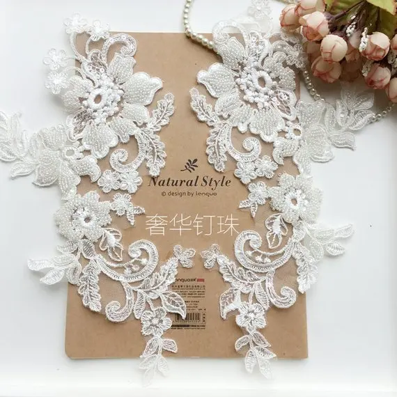 

2 pieces 3D Tiny Pearl Beaded Lace Applique Patch Motif Wedding Dress Applique DIY Bridal Headdress Ivory White Lace Collar