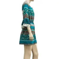 Недавно в богемном стиле Для женщин сексуальное платье печатных труба рукава Скрещенные бинты Летние Пляжные Повседневное короткие платья