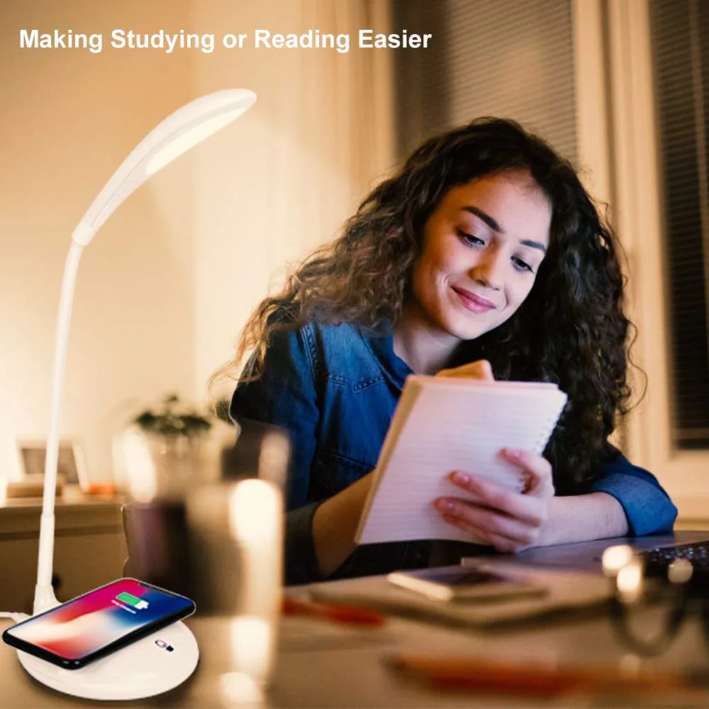 

LED Desk Lamp with Wireless Charging Function Adjustable 3 Brightness Levels Eye-caring Table Lamps MDJ998