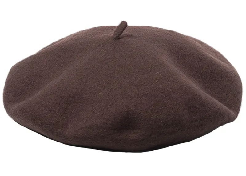 Douchow мужской женский французский стильный берет, шапка для девочек, шерсть, одноцветная, черный, темно-синий, черно-зеленый, плоская шляпа - Цвет: Brown
