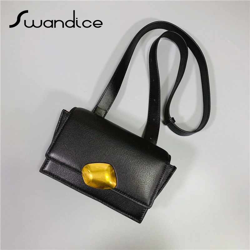 

100% Real Genuine Cow Leather Metal Block Fanny Pack Chest Waist Bum Belt Bags Crossbody Shoulder Handbag Mini Women Female 2019