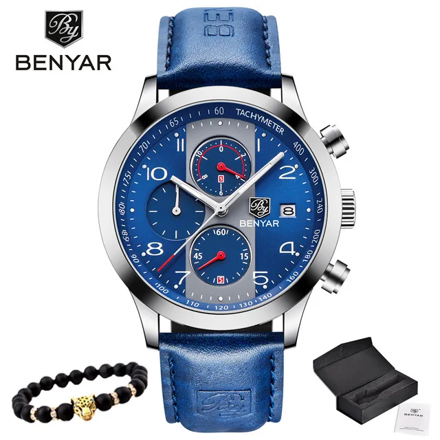 BENYAR новые модные спортивные часы с хронографом для мужчин с кожаным ремешком брендовые деловые кварцевые синие мужские наручные часы Relogio Masculino - Color: blue