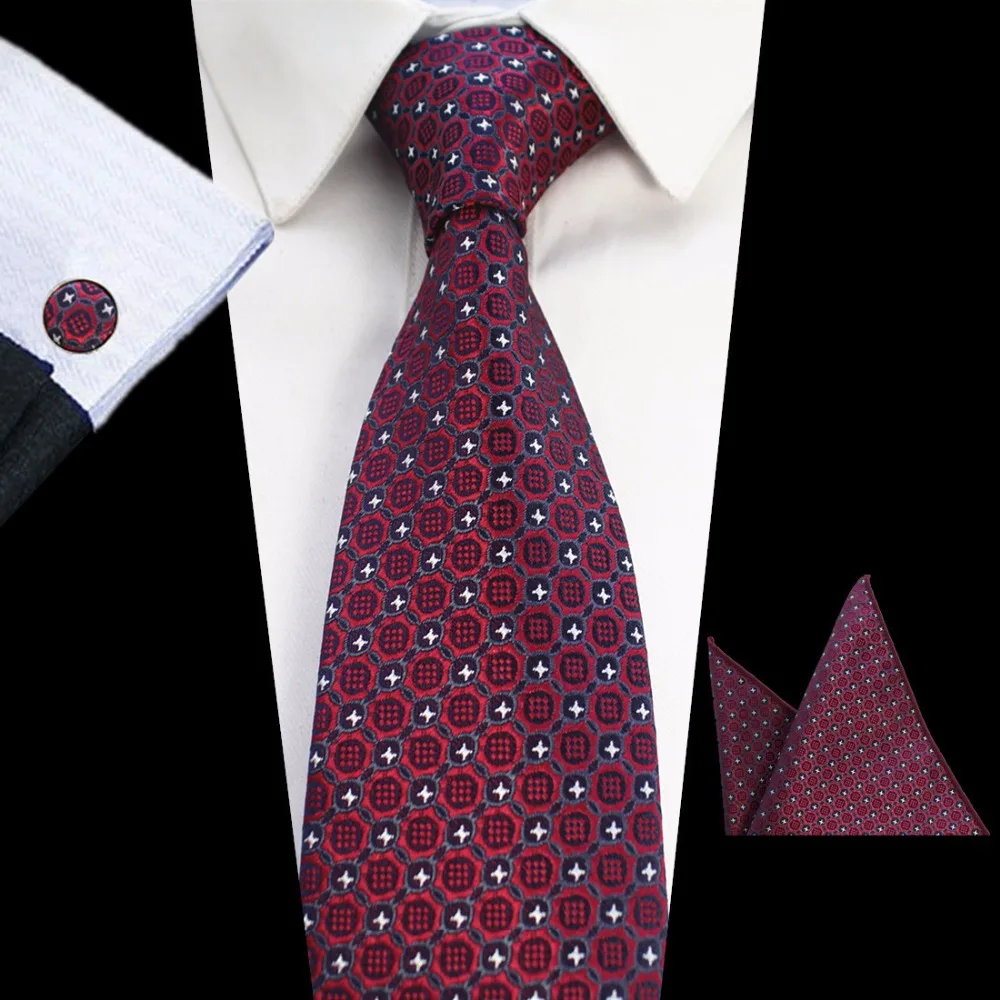 GUSLESON 8cm Plaid Striped Tie Set Jacquard Woven Mens Necktie Hanky Cufflinks For Wedding Party