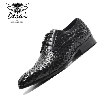 

Men's Dress Shoes Genuine Leather Weave Shoes Men 2019 New Luxury Brand England Fashion Business Lace Up Shoes EUR Size 38-44
