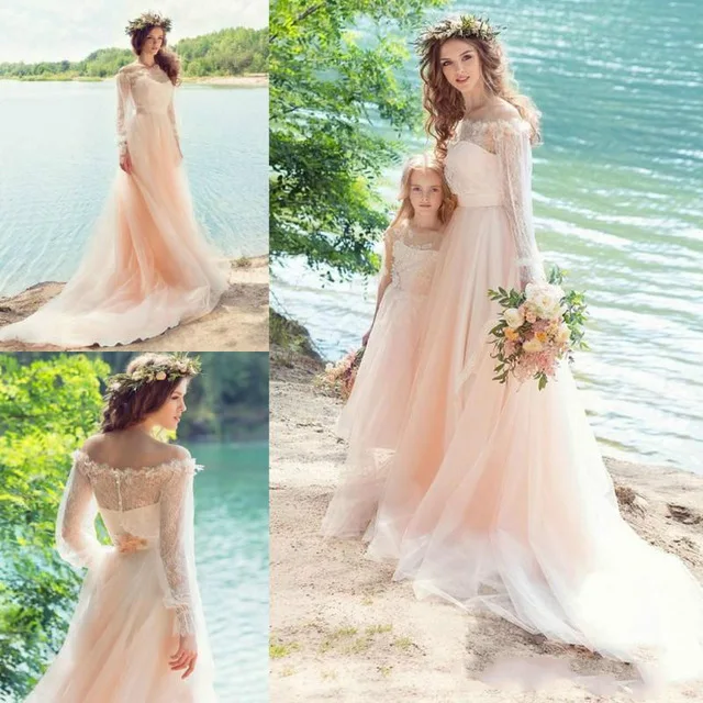 

BONJEAN Pink Tulle Lace Beach Wedding Dresses 2019 Country Style Robe de Mariee Long Sleeves Sheer Neck Applique Wedding Gowns
