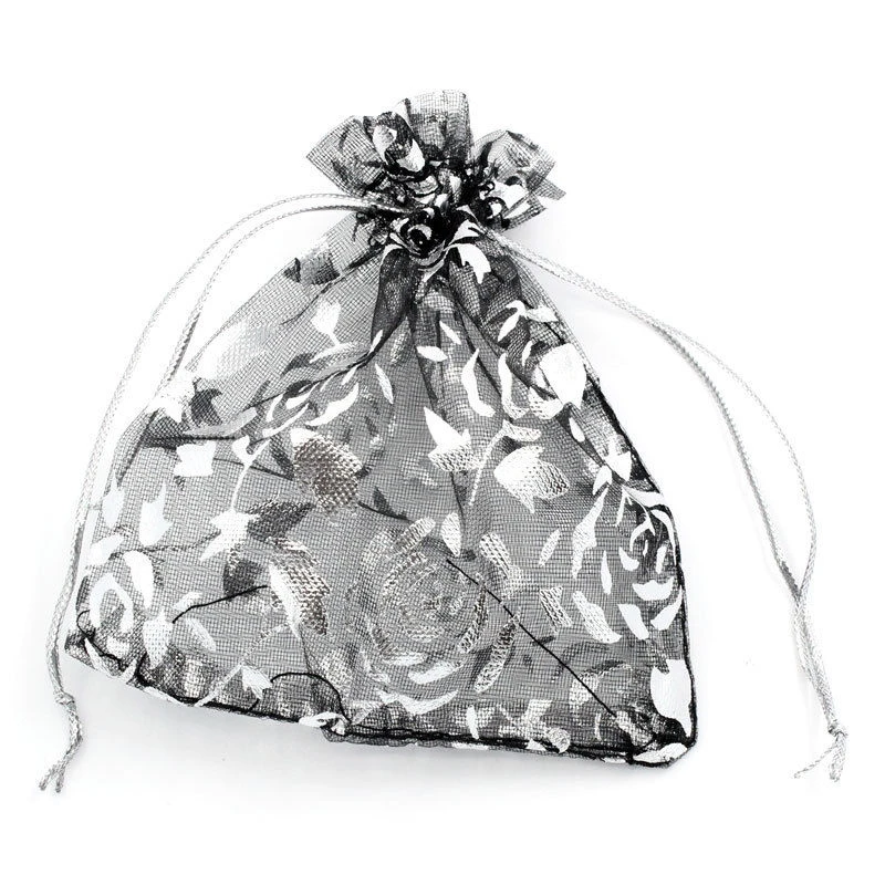 

100PCs 10x11.6cm Organza Wedding Gift Bags&Pouches Rose Flower Black+Silver