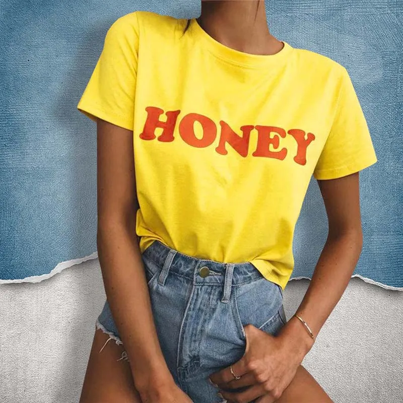 Honey Уличная Повседневная Свободная футболка 2018 летняя печать письмо обрезанный
