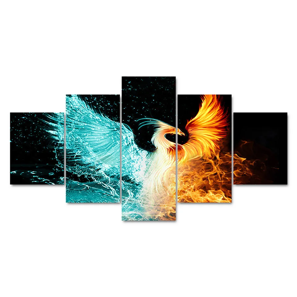 

Home Decoration Painting HD Printed Picture Modern 5 Panel Fire Phoenix Modular Wall Art Posters Frame Living Room On Canvas