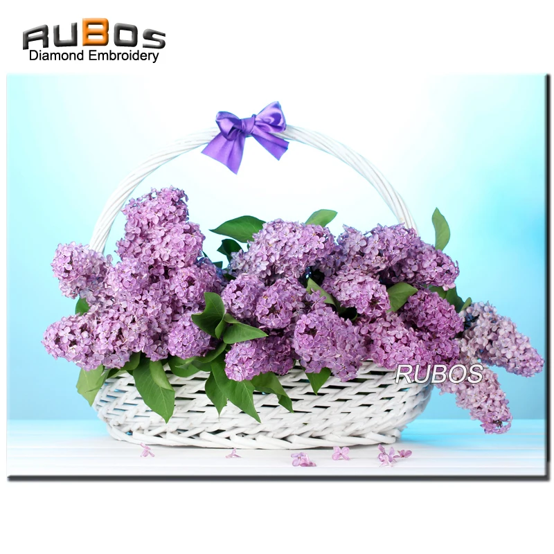 RUBOS DIY 5D diamond mosaic Lilac flowers white basket full diamond embroidery painting 3D picture by rhinestone wall sticker (1)