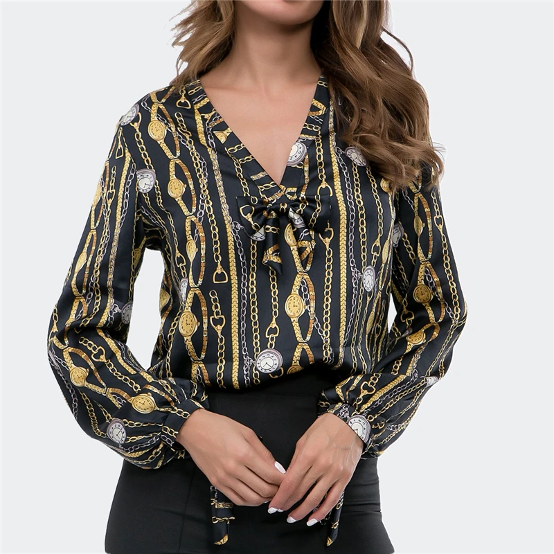 

Luxury Watch Design Blouses For Women Deep V-Neck With Bow Tie Shirts Office Lady Casual Workwear Chain Printed Slim Streetwear