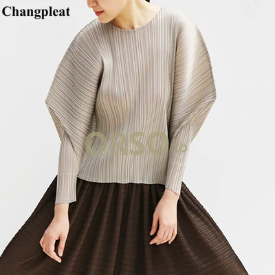 Changpleat летние новые женские свободные футболки Топы Miyak плиссированные Модные Дизайнерские однотонные футболки с круглым вырезом больших размеров женские футболки - Цвет: champagne