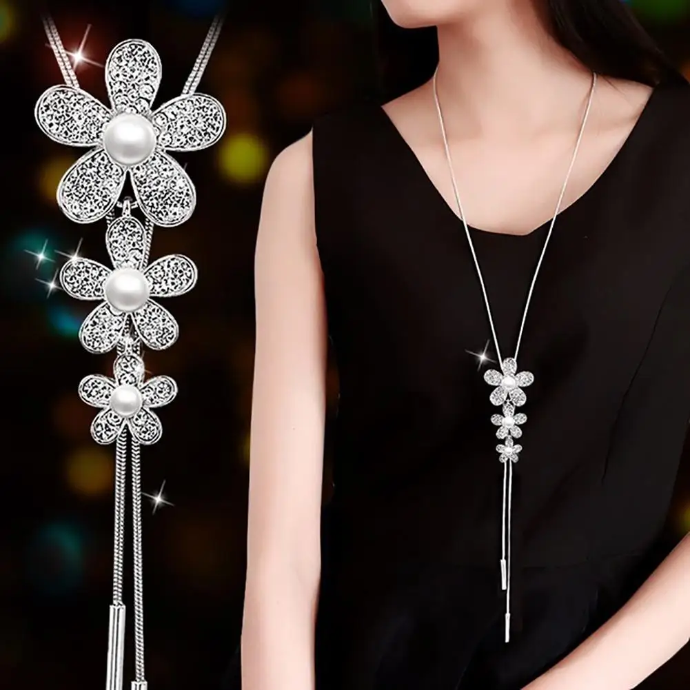 

Lady Three Flowers Faux Pearl Rhinestone Pendant Tassel Necklace Jewelry Gift