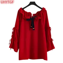 UHYTGF плюс размер женские шифоновые рубашки весенние Осенние футболки женская одежда футболки топы с рукавами-фонариками женские футболки пуловер 2