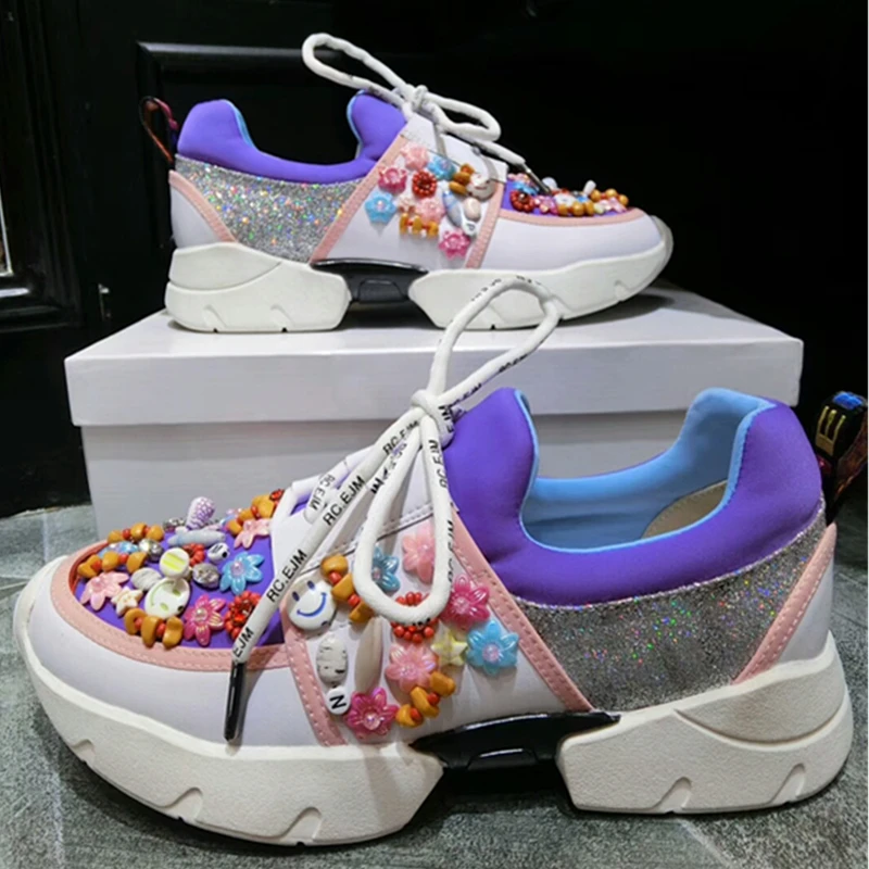 

Luxury Design String Bead Women Sneakers Sexy platform Round Toe Lace Up Women Casual Shoes New Runway Party Dress Shoes Woman