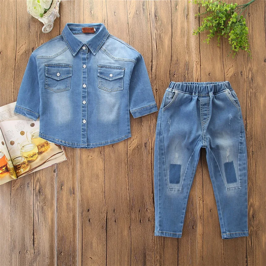 Эксклюзивная одежда для детей джинсовый костюм ковбойский с длинным рукавом рубашка Топы+ джинсовые штаны Одежда для маленьких девочек и мальчиков из 2 предметов одежда для отдыха для мальчиков