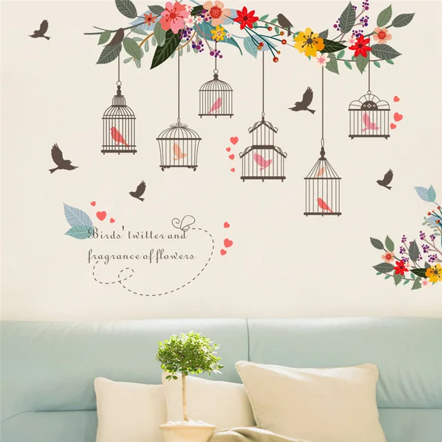 

% Colorful Flower Birds Birdcage Wall Sticker Decals Wall Art For Home Living Room Bedroom TV Background Garden Window Decor