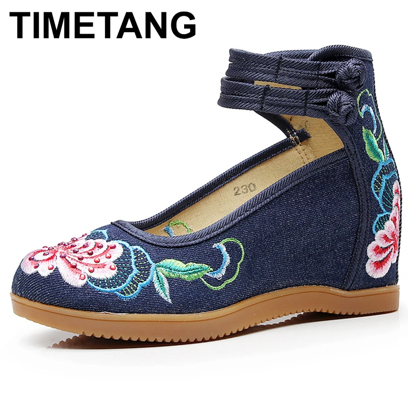 TIMETANG Women's Wedged Canvas Shoes 7cm Hidden High Heel Platforms Flower Embroidered Ankle Strap Ladies Denim Cotton PumpsE218