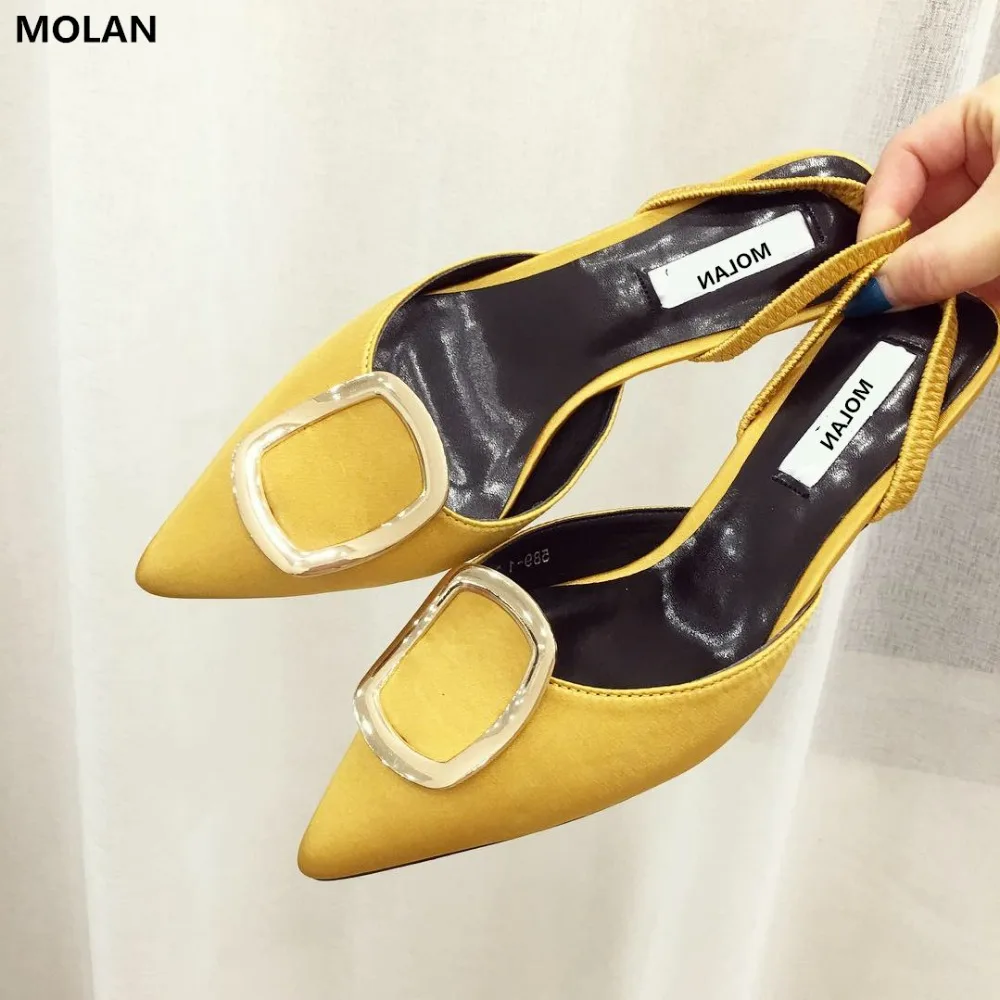 

MOLAN Brand Designers 2019 Spring Black Yellow White Square Buckle Elastic Band Woman Pointed Shoes Med Kitten Heels Pumps 35-40