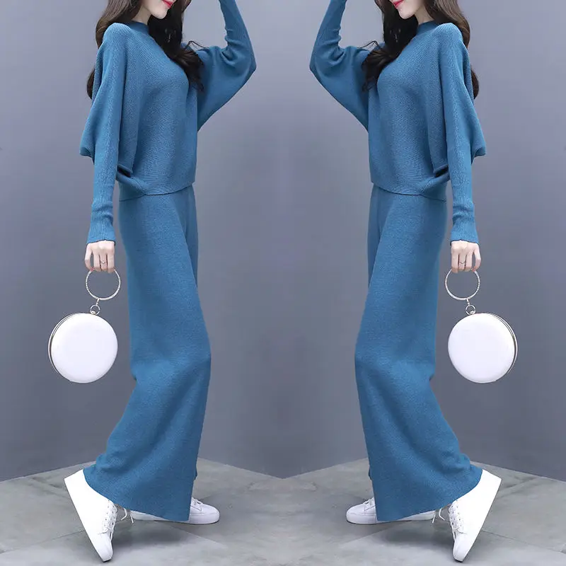 

Fashionable Knitted 2 Piece Set Women Goddess Sweater Conjunto Feminino Ensemble Femme Deux Pieces Tracksuit Women's Suit