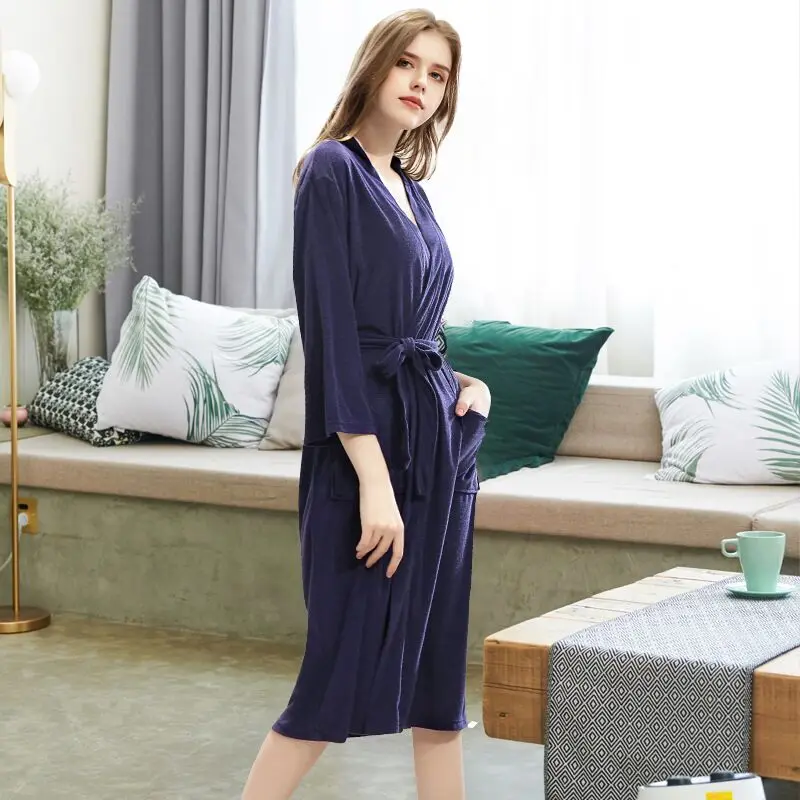 Осенний женский халат, тонкая ткань для кимоно, банный халат, Женский пеньюар, халат размера плюс XXXL, до колен, 100 кг - Цвет: Navy Blue