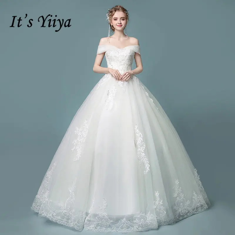 Это YiiYa Свадебные платья 2019 украшение бисером для выреза лодочкой кружево принцесса в пол кружево до свадебное платье De Novia Casamento AL003