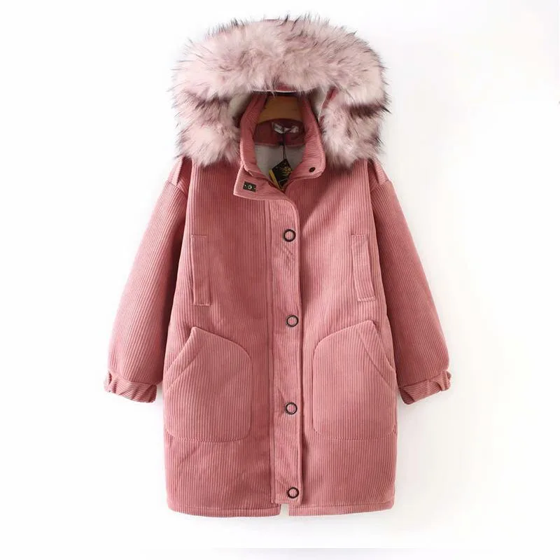 Корейская версия большого размера, Женское зимнее платье, микро-жир, свободный толстый меховой воротник, куртка с капюшоном,, длинная Вельветовая куртка - Цвет: Розовый